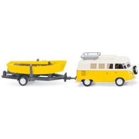 VW T1, Minibuss med båt på släp, Gul/Vit - Wiking (H0)